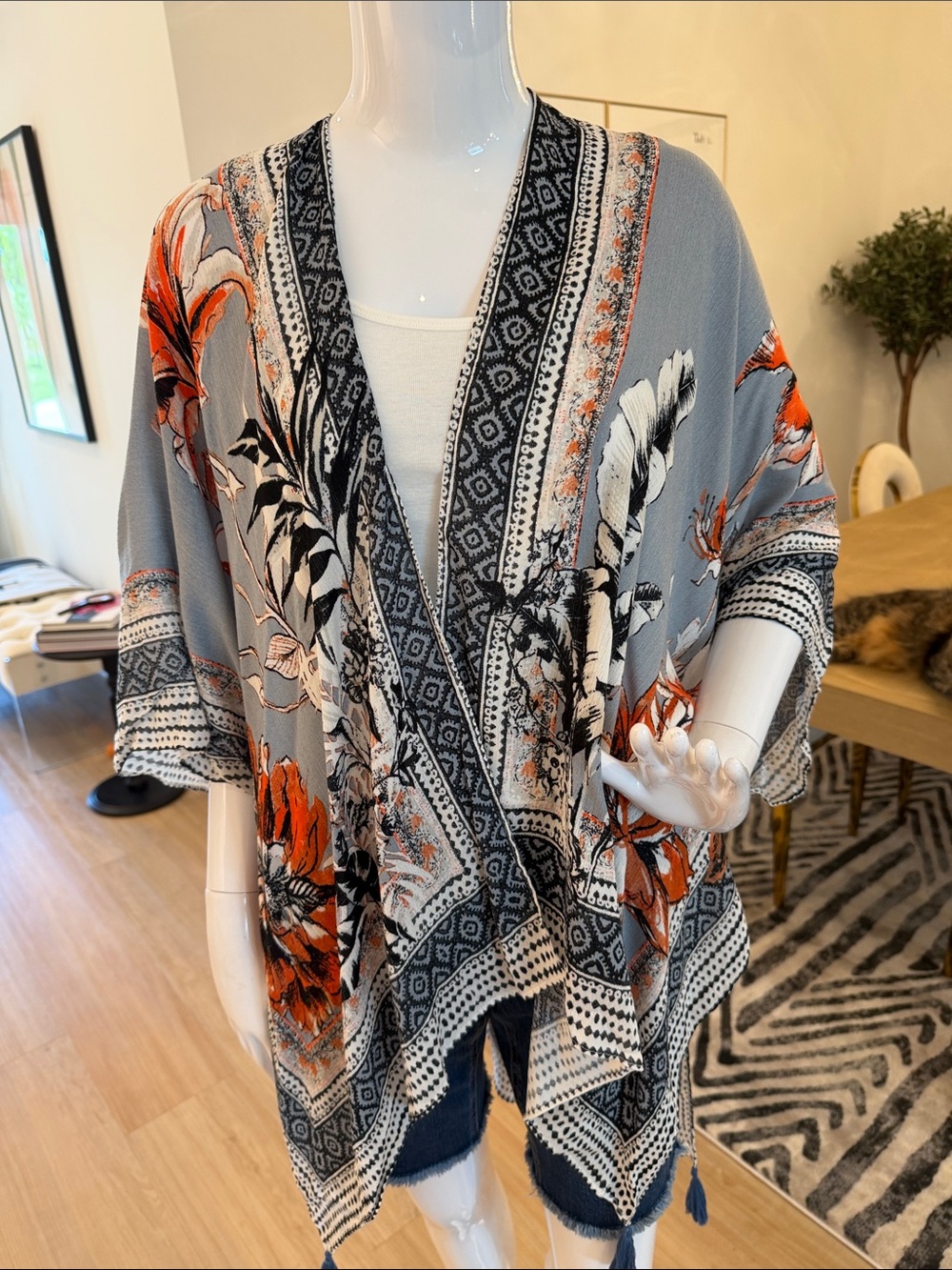 Vince Camuto Gray and Orange Floral Open Front Cardigan